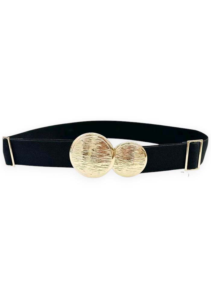 Μαύρη ελαστική γυναικεία ζώνη με διπλή στρογγυλή χρυσή μεταλλική αγκράφα σε minimal elegant στυλ.
