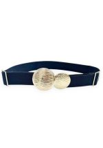 Μπλε ελαστική γυναικεία ζώνη με διπλή στρογγυλή χρυσή μεταλλική αγκράφα σε minimal elegant στυλ.
