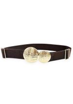Καφέ ελαστική γυναικεία ζώνη με διπλή στρογγυλή χρυσή μεταλλική αγκράφα σε minimal elegant στυλ.