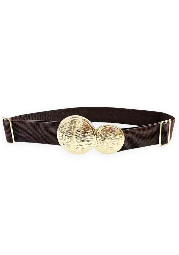 Καφέ ελαστική γυναικεία ζώνη με διπλή στρογγυλή χρυσή μεταλλική αγκράφα σε minimal elegant στυλ.