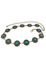 Χρυσή γυναικεία ζώνη αλυσίδα Jamie με κυκλικά μεταλλικά στοιχεία και τυρκουάζ πέτρες σε boho ethnic στυλ.