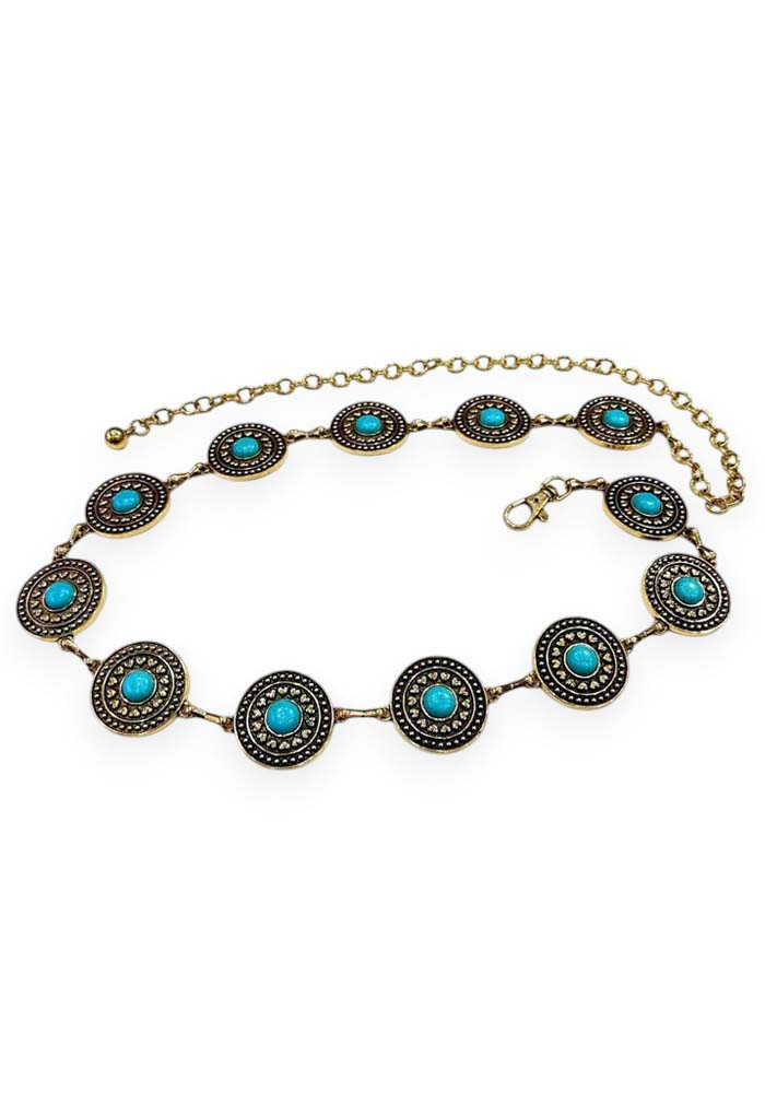 Χρυσή γυναικεία ζώνη αλυσίδα Jamie με κυκλικά μεταλλικά στοιχεία και τυρκουάζ πέτρες σε boho ethnic στυλ.