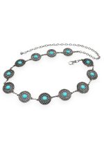 Ασημί γυναικεία ζώνη αλυσίδα Jamie με κυκλικά μεταλλικά στοιχεία και τυρκουάζ πέτρες σε boho ethnic στυλ.