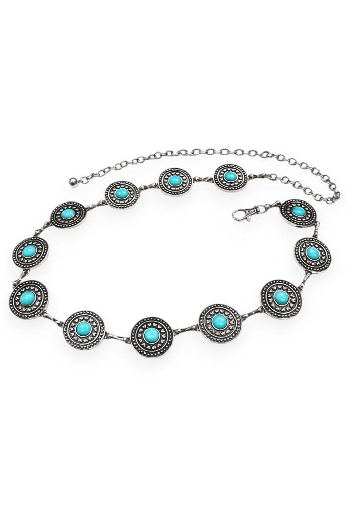 Ασημί γυναικεία ζώνη αλυσίδα Jamie με κυκλικά μεταλλικά στοιχεία και τυρκουάζ πέτρες σε boho ethnic στυλ.
