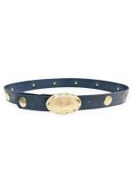 Μπλε γυναικεία ζώνη Lisa με χρυσή οβάλ μεταλλική αγκράφα και στρογγυλά διακοσμητικά στοιχεία σε modern chic στυλ.