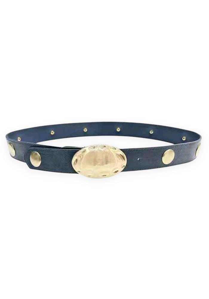 Μπλε γυναικεία ζώνη Lisa με χρυσή οβάλ μεταλλική αγκράφα και στρογγυλά διακοσμητικά στοιχεία σε modern chic στυλ.