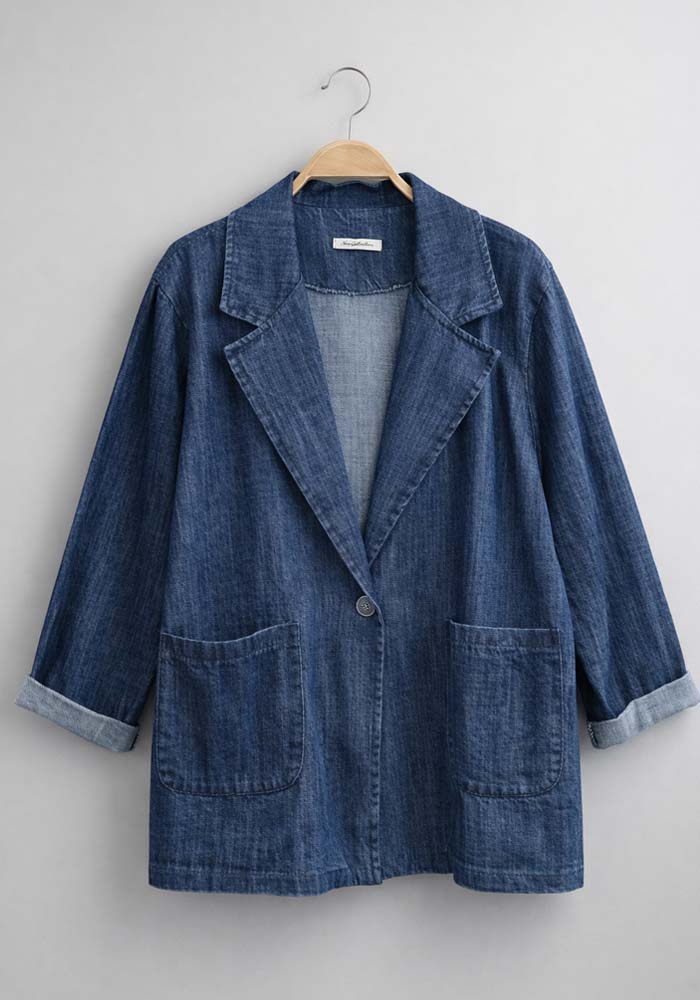 Γυναικείο μπλε denim σακάκι Filor oversized με πέτο γιακά και δύο μπροστινές τσέπες σε casual στυλ.