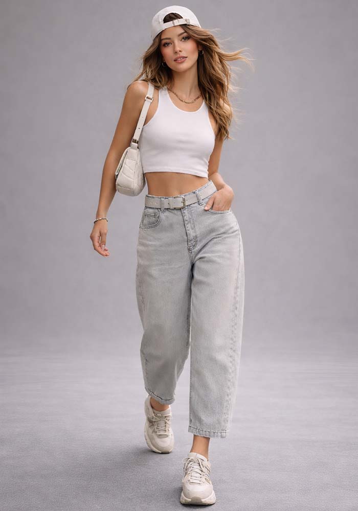 Γυναικείο light grey loose fit τζιν παντελόνι ψηλόμεσο με ζώνη, μοντέρνα γραμμή και washed denim ύφασμα