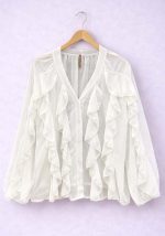 Λευκό γυναικείο chiffon πουκάμισο με βολάν και μακριά μανίκια