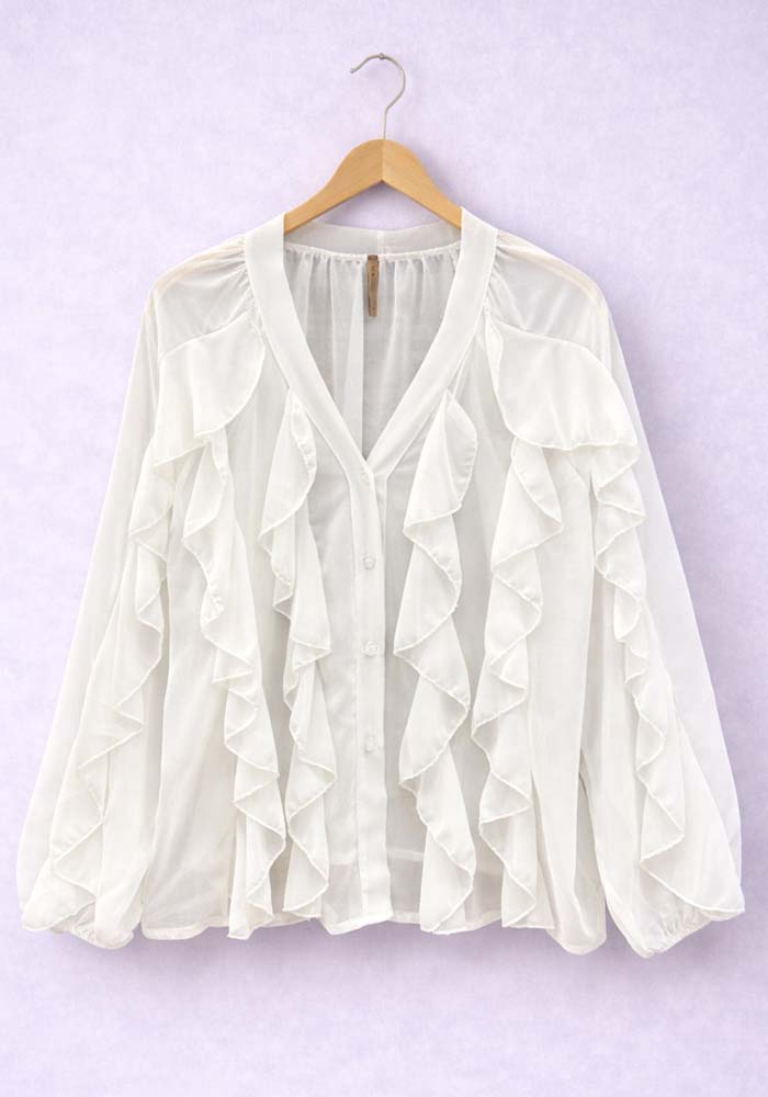 Λευκό γυναικείο chiffon πουκάμισο με βολάν και μακριά μανίκια
