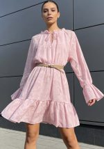 Ροζ devoré mini φόρεμα με βολάν, λάστιχο στη μέση και ζώνη δερματίνης