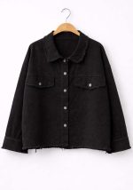 Μαύρο γυναικείο βαμβακερό jacket overshirt με κουμπιά και raw τελειώματα, μοντέρνα casual γραμμή.