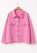 Γυναικείο ροζ bubblegum βαμβακερό jacket Distressed overshirt με raw τελειώματα και μεταλλικά κουμπιά.
