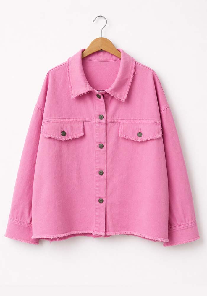 Γυναικείο ροζ bubblegum βαμβακερό jacket Distressed overshirt με raw τελειώματα και μεταλλικά κουμπιά.