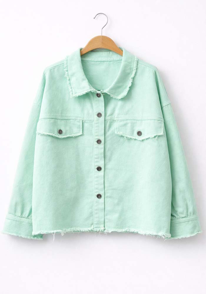 Μέντα γυναικείο βαμβακερό jacket overshirt με κουμπιά και raw τελειώματα, μοντέρνα casual γραμμή.