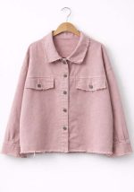 Ροζ γυναικείο βαμβακερό jacket overshirt με κουμπιά και raw τελειώματα, μοντέρνα casual γραμμή.