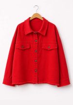 Γυναικείο κόκκινο βαμβακερό jacket Distressed overshirt με raw τελειώματα και μεταλλικά κουμπιά