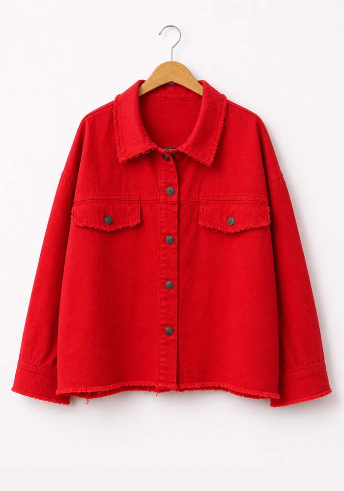 Γυναικείο κόκκινο βαμβακερό jacket Distressed overshirt με raw τελειώματα και μεταλλικά κουμπιά