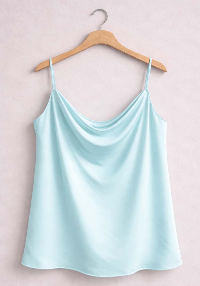 Plus size aqua σατέν top με λεπτές τιράντες και ντραπέ cowl neckline, άνετη γραμμή και κομψή εφαρμογή