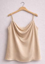 Plus size μπεζ σατέν top με λεπτές τιράντες και ντραπέ cowl neckline, άνετη γραμμή και κομψή εφαρμογή