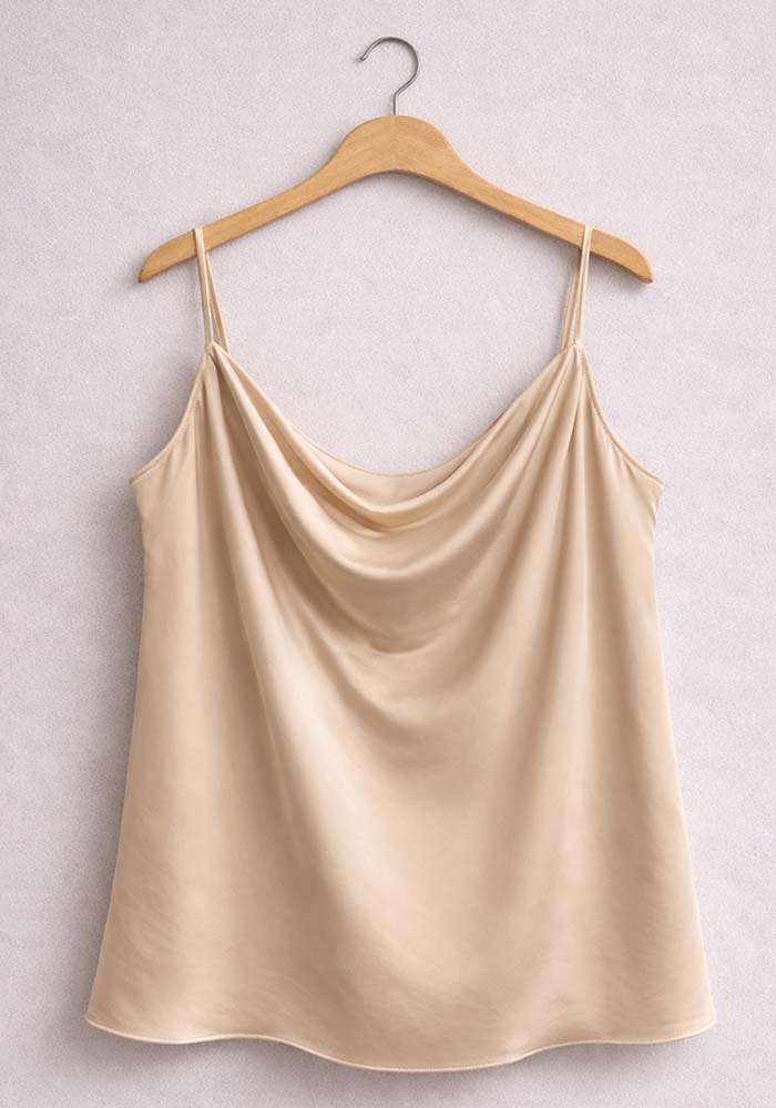 Plus size μπεζ σατέν top με λεπτές τιράντες και ντραπέ cowl neckline, άνετη γραμμή και κομψή εφαρμογή