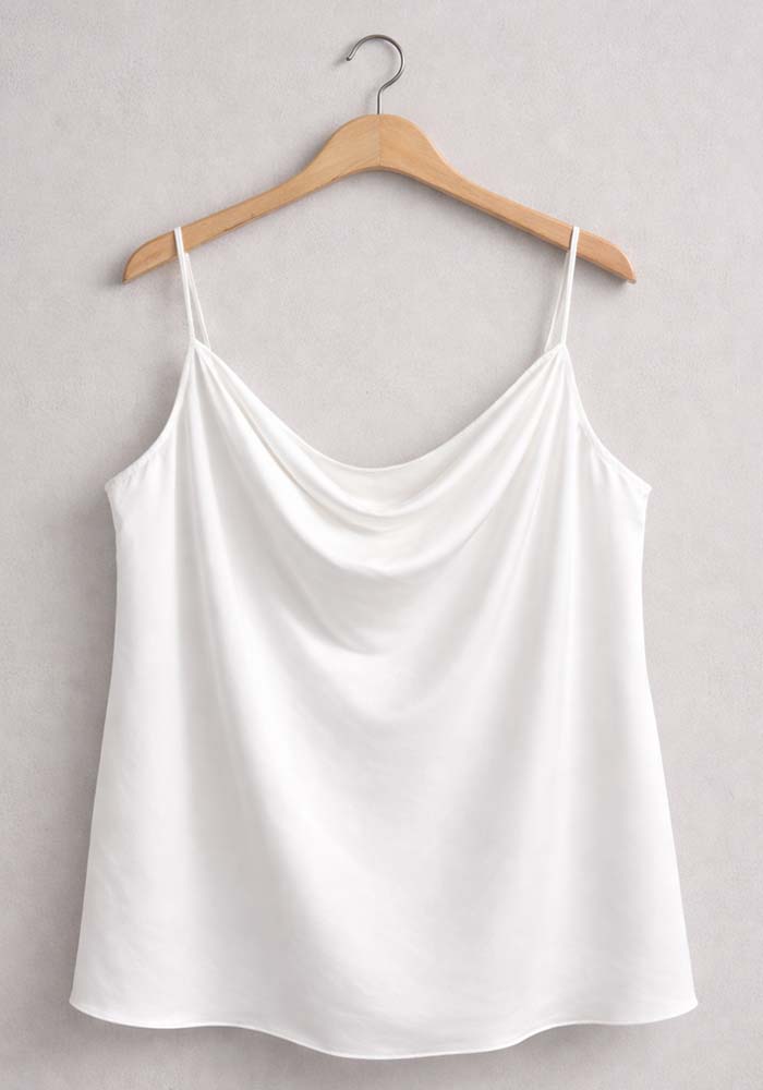 Plus size λευκό σατέν top με λεπτές τιράντες και ντραπέ cowl neckline, άνετη γραμμή και κομψή εφαρμογή