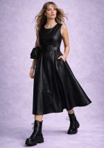 Μαύρο midi φόρεμα από δερματίνη με ενσωματωμένη ζώνη, αμάνικο, σε Α-line γραμμή