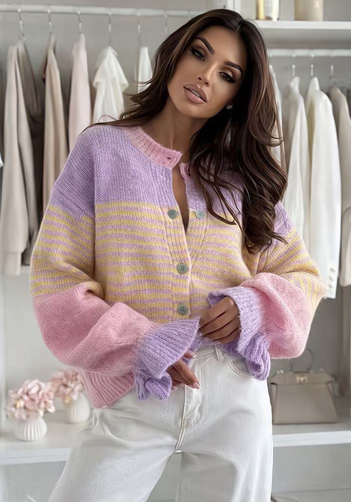 cute ριγέ πλεκτή ζακέτα Kathy λιλά