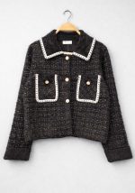 Μαύρη tweed ζακέτα με λευκές λεπτομέρειες, γιακά και διακοσμητικά κουμπιά