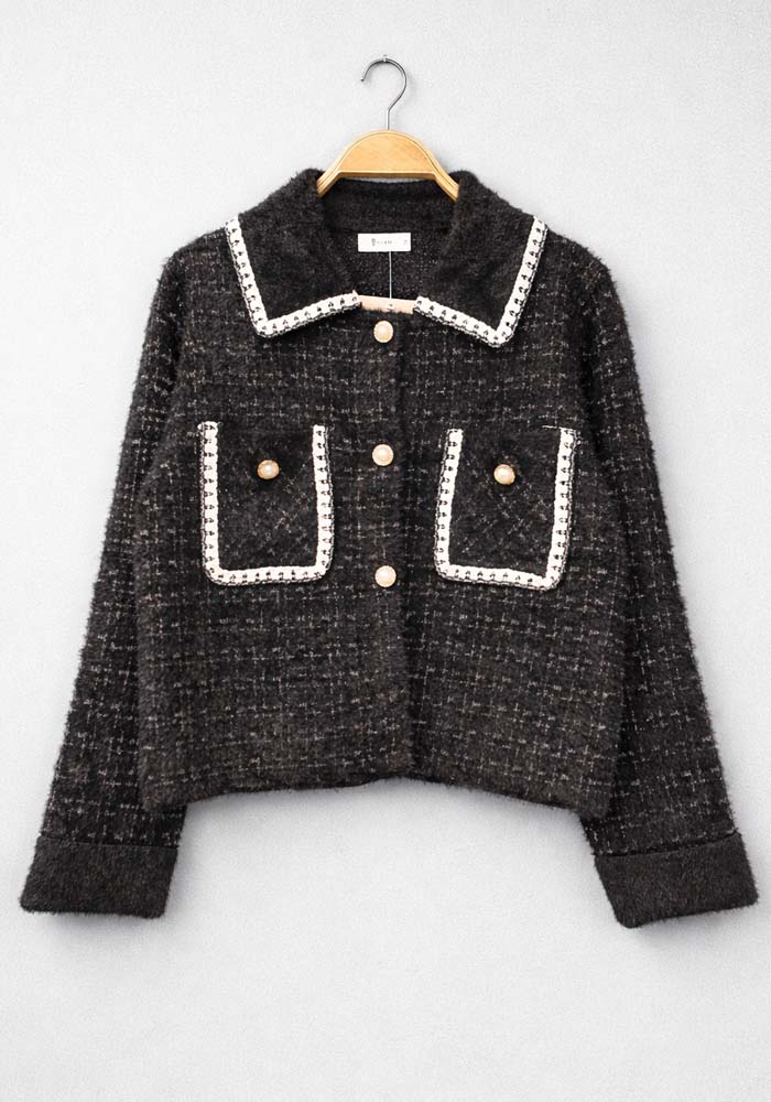 Μαύρη tweed ζακέτα με λευκές λεπτομέρειες, γιακά και διακοσμητικά κουμπιά