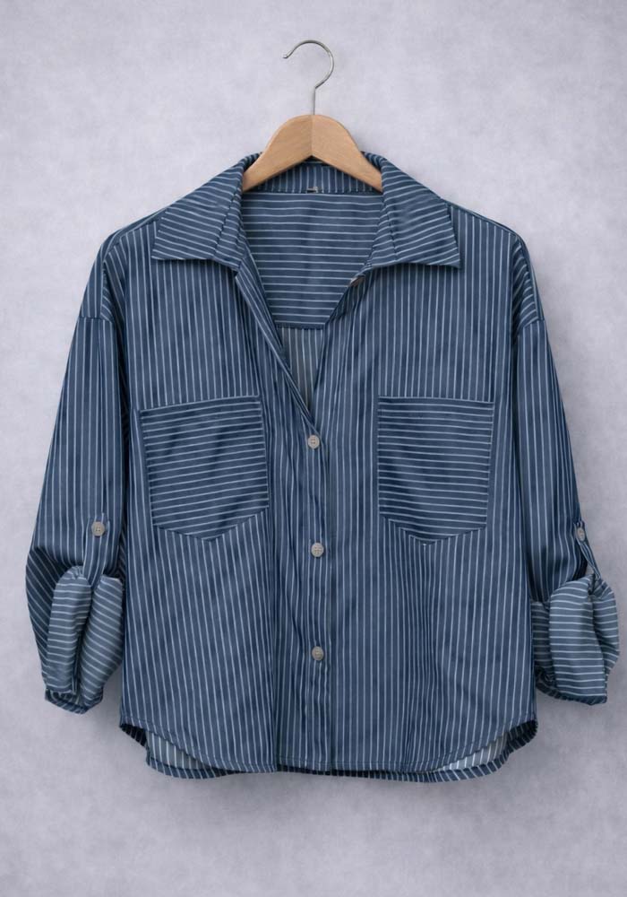 Γυναικείο μπλε ριγέ cropped πουκάμισο με κουμπιά και roll up μανίκια