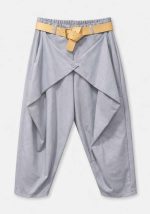 Γκρι γυναικείο παντελόνι balloon με ασύμμετρο μπροστινό σχέδιο, ελαστική μέση και μπεζ ζώνη δερματίνης