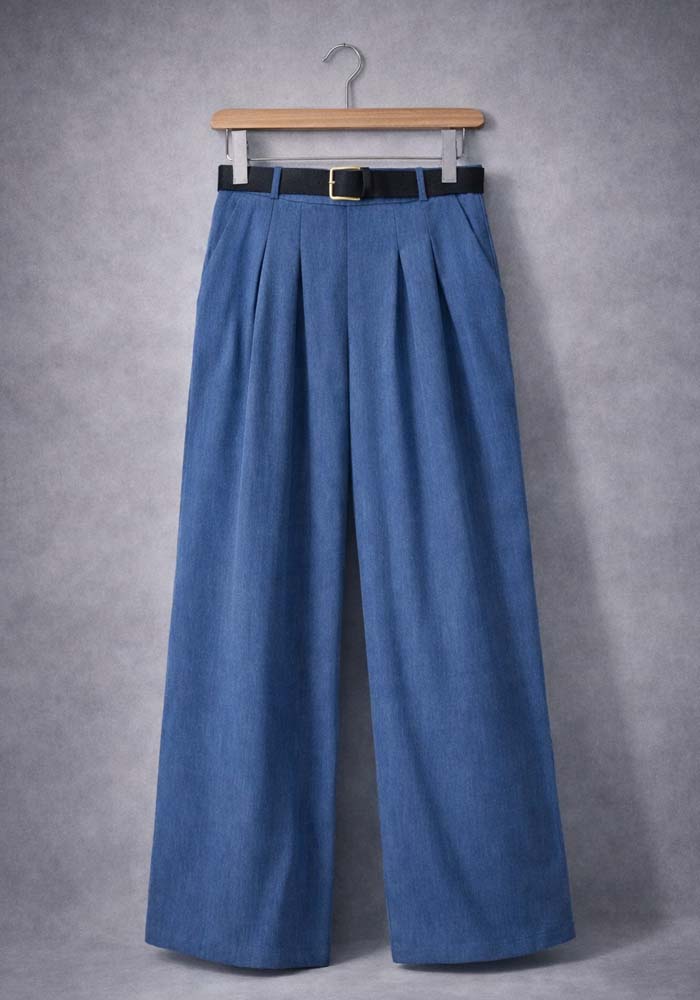 Γυναικεία ψηλόμεση wide leg μπλε παντελόνα με πιέτες και ζώνη σε denim ύφος