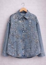 Γυναικείο τζιν πουκάμισο denim με ανάγλυφο floral σχέδιο και shimmer λεπτομέρειες