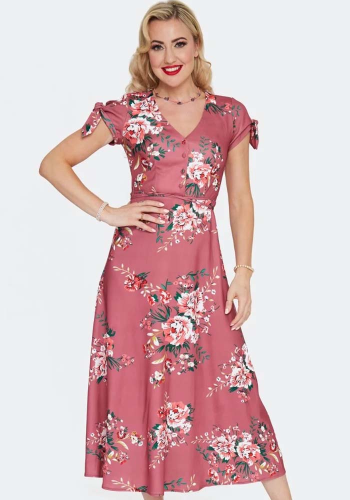 Ροζ floral midi φόρεμα Petunia με δέσιμο στα μανίκια σε fit and flare γραμμή.