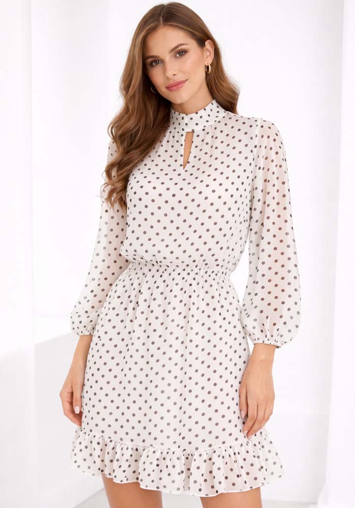 Λευκό mini φόρεμα με μαύρο πουά, μακριά μανίκια, δέσιμο στον λαιμό και βολάν στο τελείωμα σε ρομαντικό στυλ.