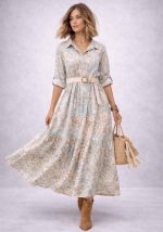 Floral βαμβακερό 3/4 shirt φόρεμα Faye 100% cotton με ζώνη σε γαλάζιες αποχρώσεις.