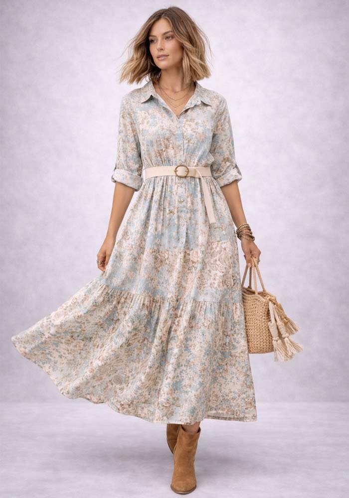 Floral βαμβακερό 3/4 shirt φόρεμα Faye 100% cotton με ζώνη σε γαλάζιες αποχρώσεις.