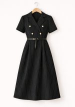 Μαύρο pinstripe midi φόρεμα Gert με χρυσά κουμπιά και μαύρη ζώνη σε tailored γραμμή.