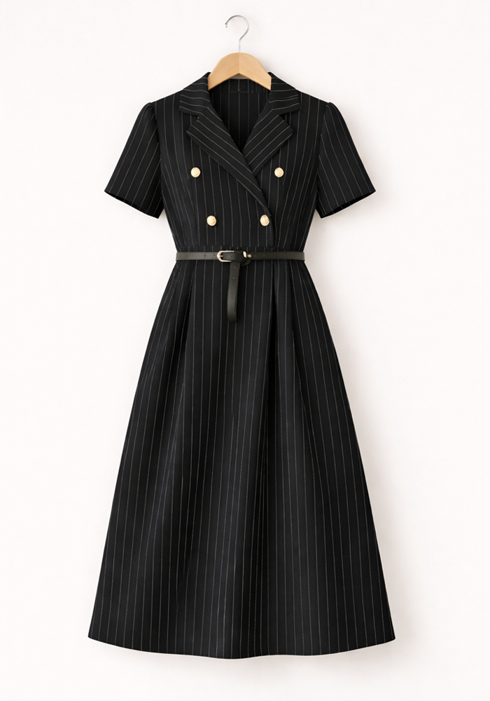 Μαύρο pinstripe midi φόρεμα Gert με χρυσά κουμπιά και μαύρη ζώνη σε tailored γραμμή.