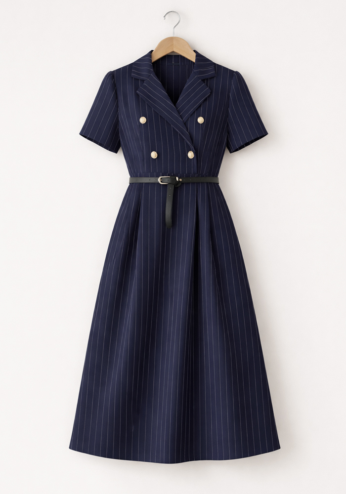 Navy pinstripe midi φόρεμα Gert με χρυσά κουμπιά και μαύρη ζώνη σε tailored γραμμή.