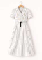 Λευκό pinstripe midi φόρεμα Gert με χρυσά κουμπιά και μαύρη ζώνη σε tailored γραμμή.