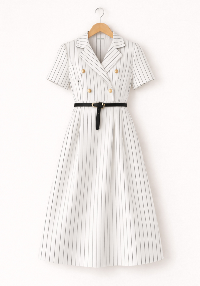 Λευκό pinstripe midi φόρεμα Gert με χρυσά κουμπιά και μαύρη ζώνη σε tailored γραμμή.