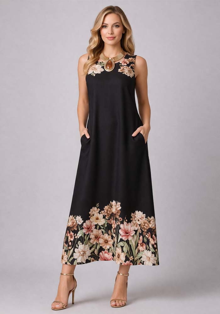 σατέν luxe φόρεμα floral border Jin μαύρο