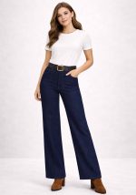 Σκούρα μπλε denim wide leg παντελόνα Nervure με ψηλή μέση και ζώνη.