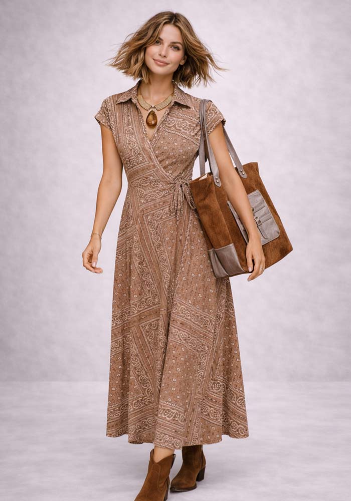 Μπεζ midi wrap φόρεμα Paisley100% cotton με paisley print και μήκος 3/4.