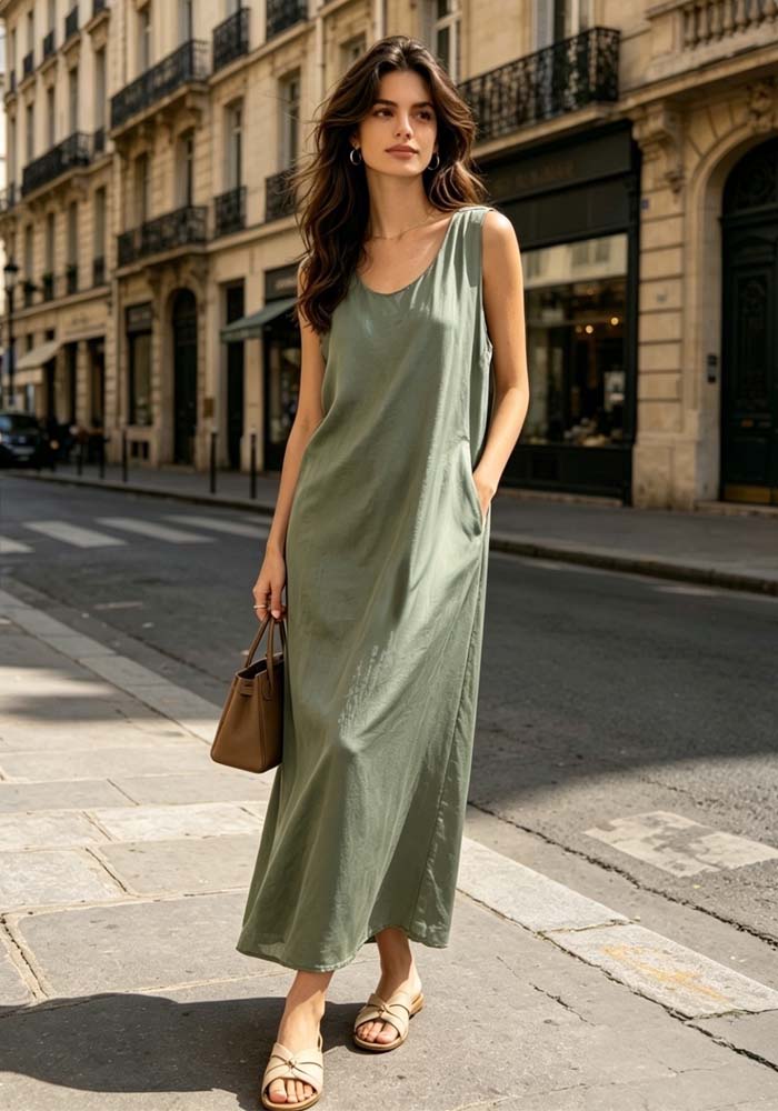 Χακί maxi φόρεμα Cece σε σατέν βισκόζ ύφασμα με άνετη γραμμή.