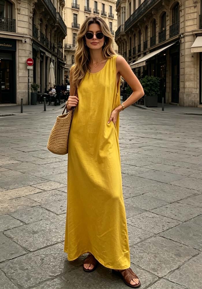 Κίτρινο maxi φόρεμα Cece σε σατέν βισκόζ ύφασμα με άνετη γραμμή.