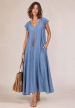 Μπλε ραφ maxi φόρεμα Dido με loose γραμμή, V λαιμόκοψη και πρακτικές πλαϊνές