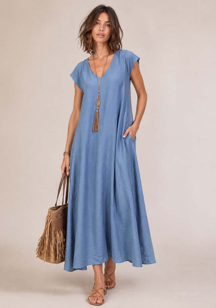 Μπλε ραφ maxi φόρεμα Dido με loose γραμμή, V λαιμόκοψη και πρακτικές πλαϊνές